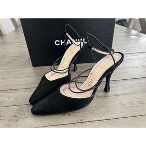 CHANEL Vintage 97 Strappy Pointed Toe Black Suede Heels Pumps Size 35 5